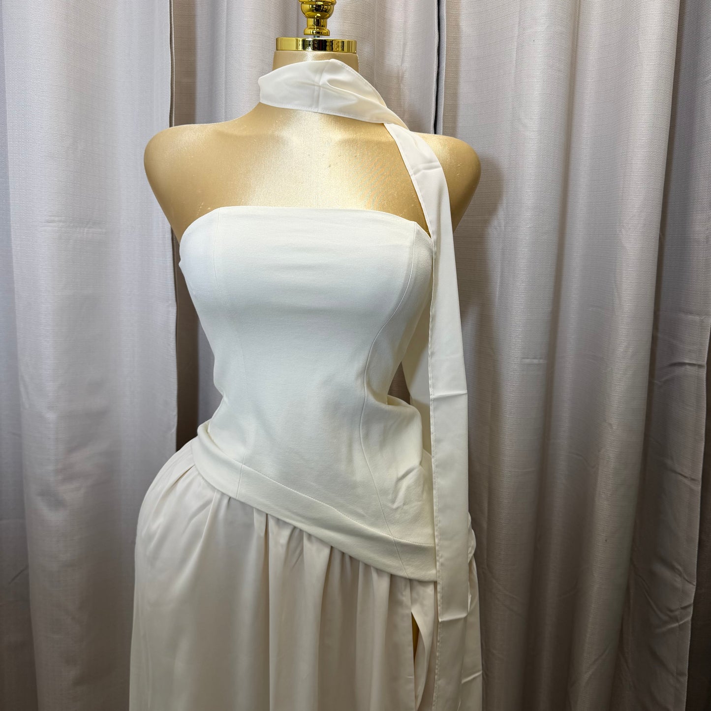 Strapless Scarf Neck Overlay Maxi Dress-Cream