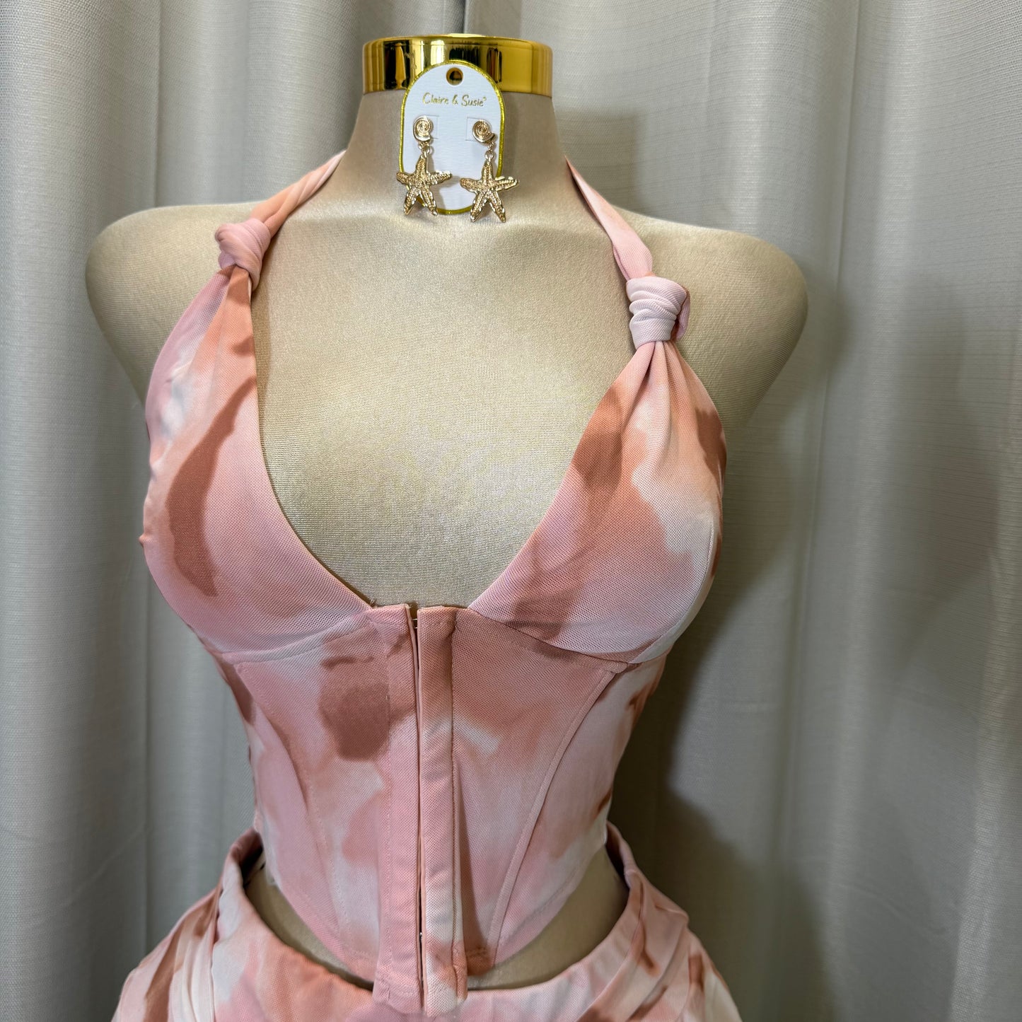 Halter Pink Corset Skirt Set-Baby Pink
