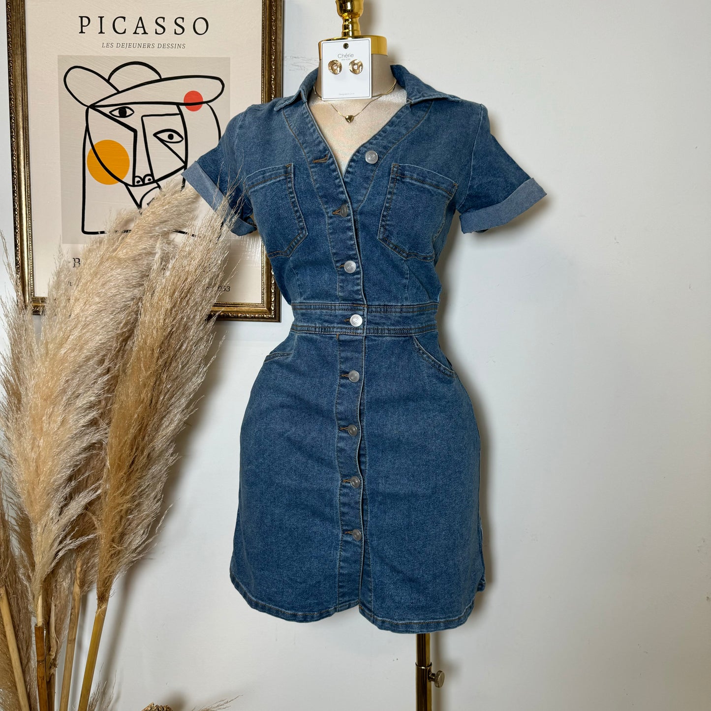 Denim Button Dress-Blue