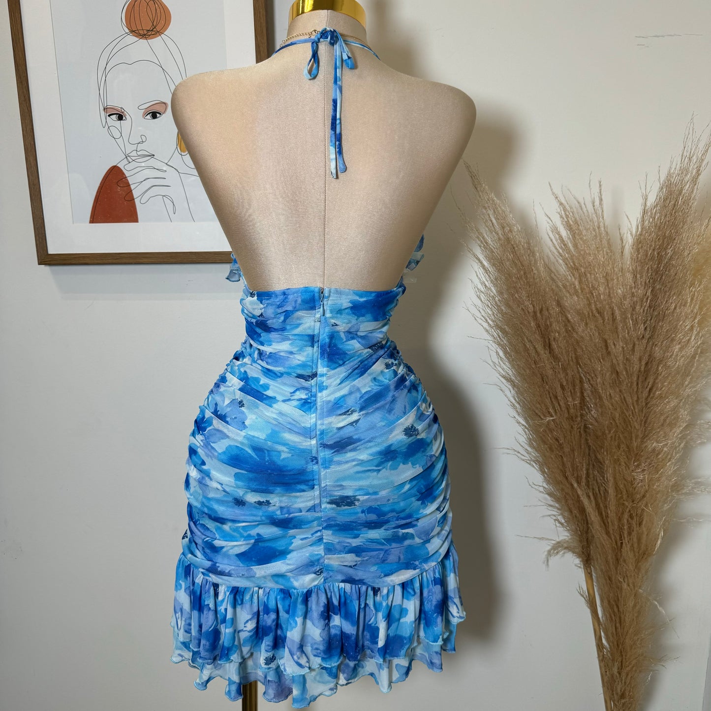 Flower Print Mesh Mini Dress-Blue