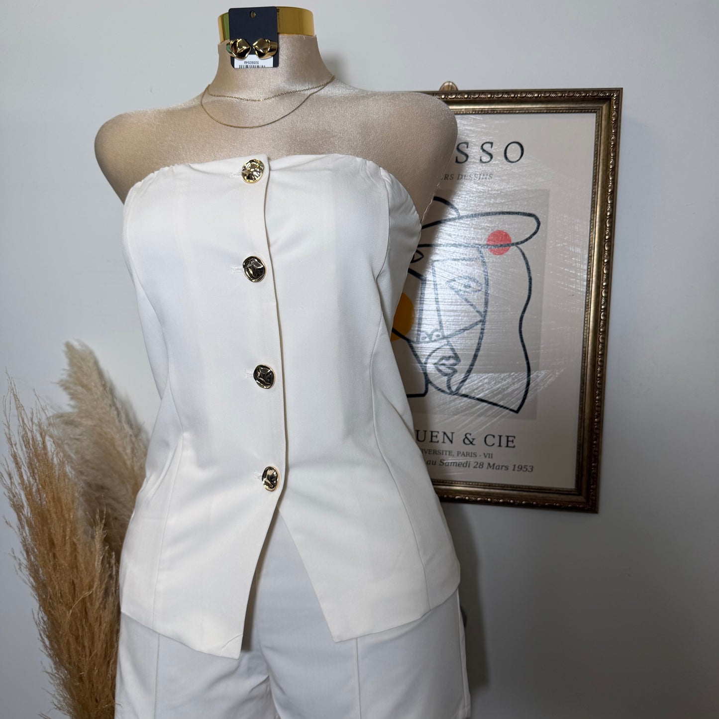 Strapless Gold Button Top Short Set-Ivory