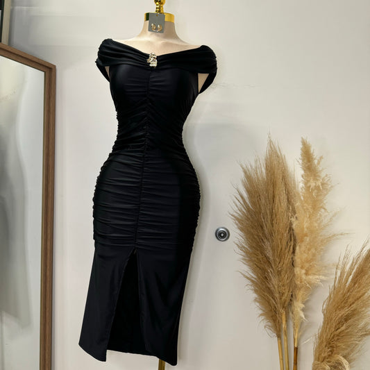 Lúxel Satin Off Shoulder MIDI Dress-Black