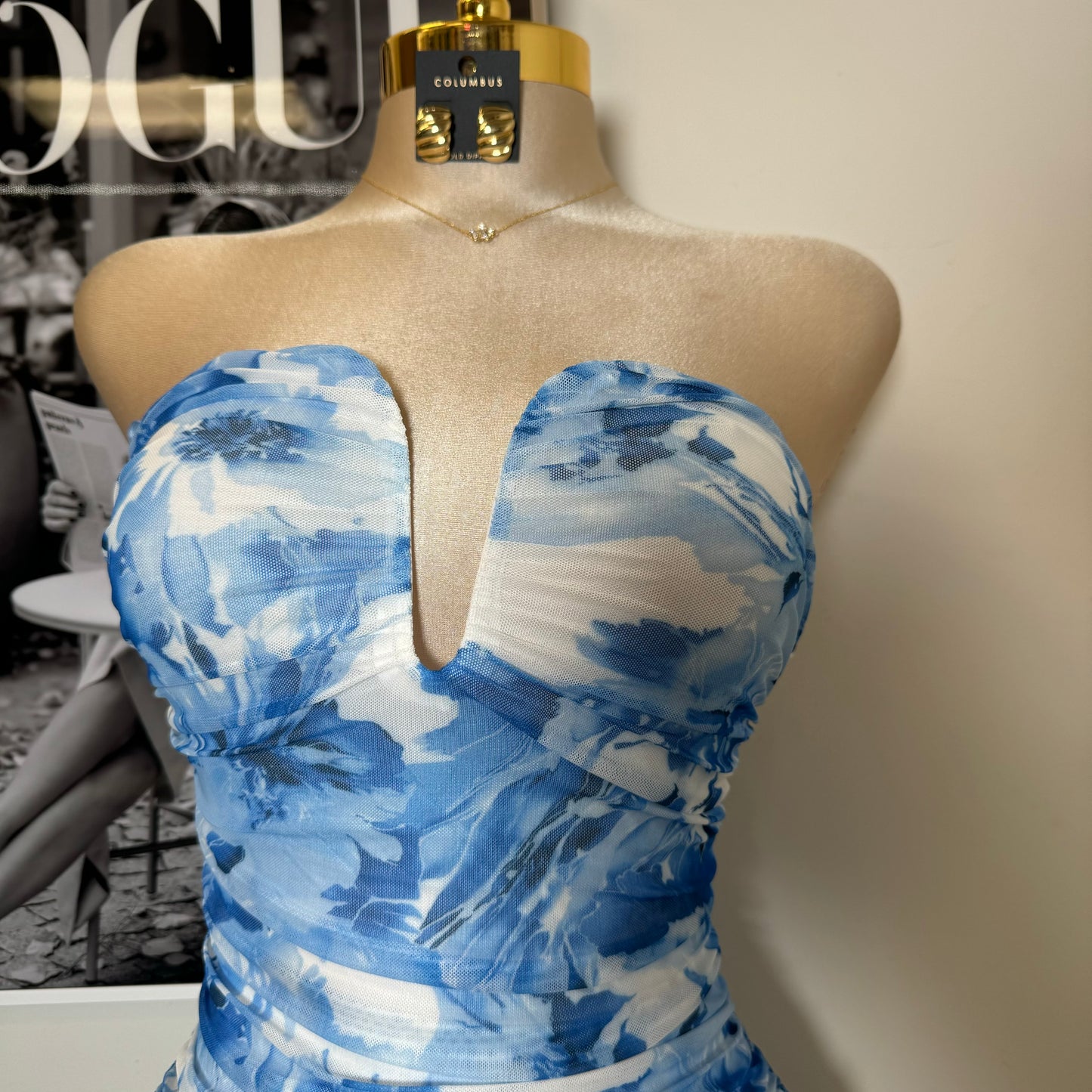 Strapless Mesh Print Dress-Baby Blue/White