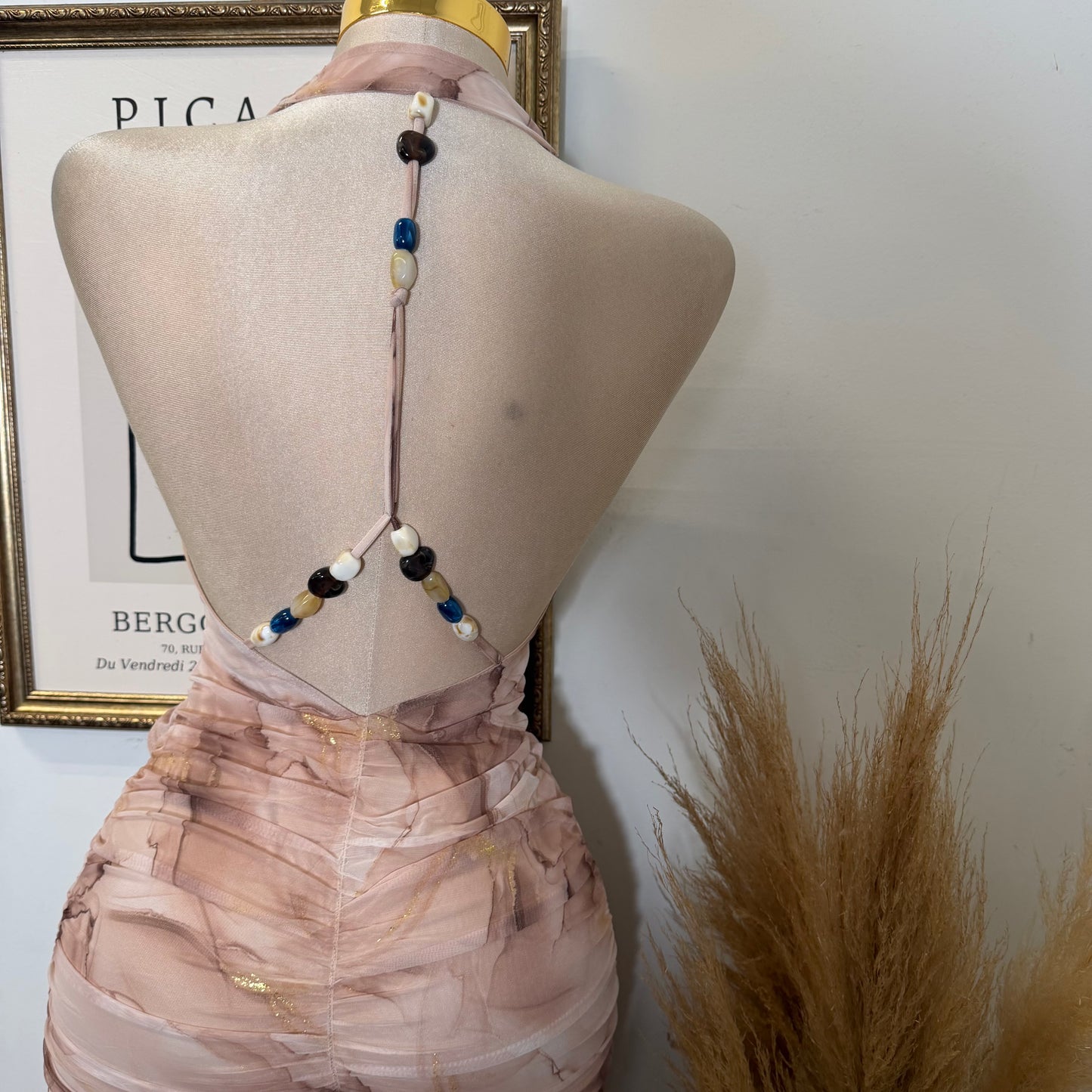 Metallic Mesh Print Maxi Dress with Front Sash-Cappuccino