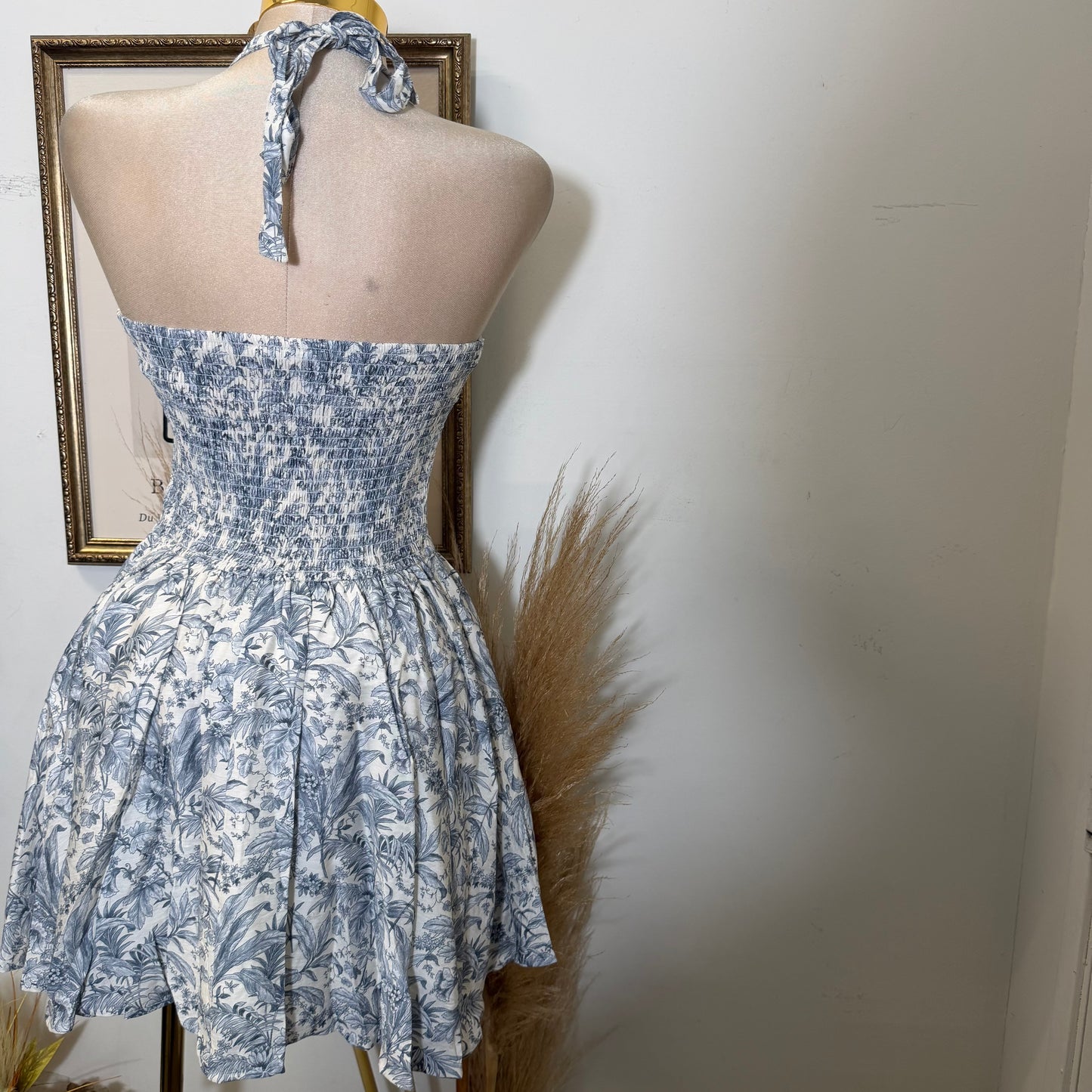 Tropical Toile Halter Mini Dress-Beige/Navy