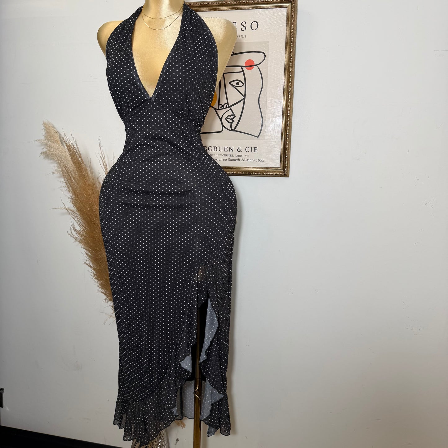 PL-Mesh Halter Maxi Dress Open Slit Dress-Black