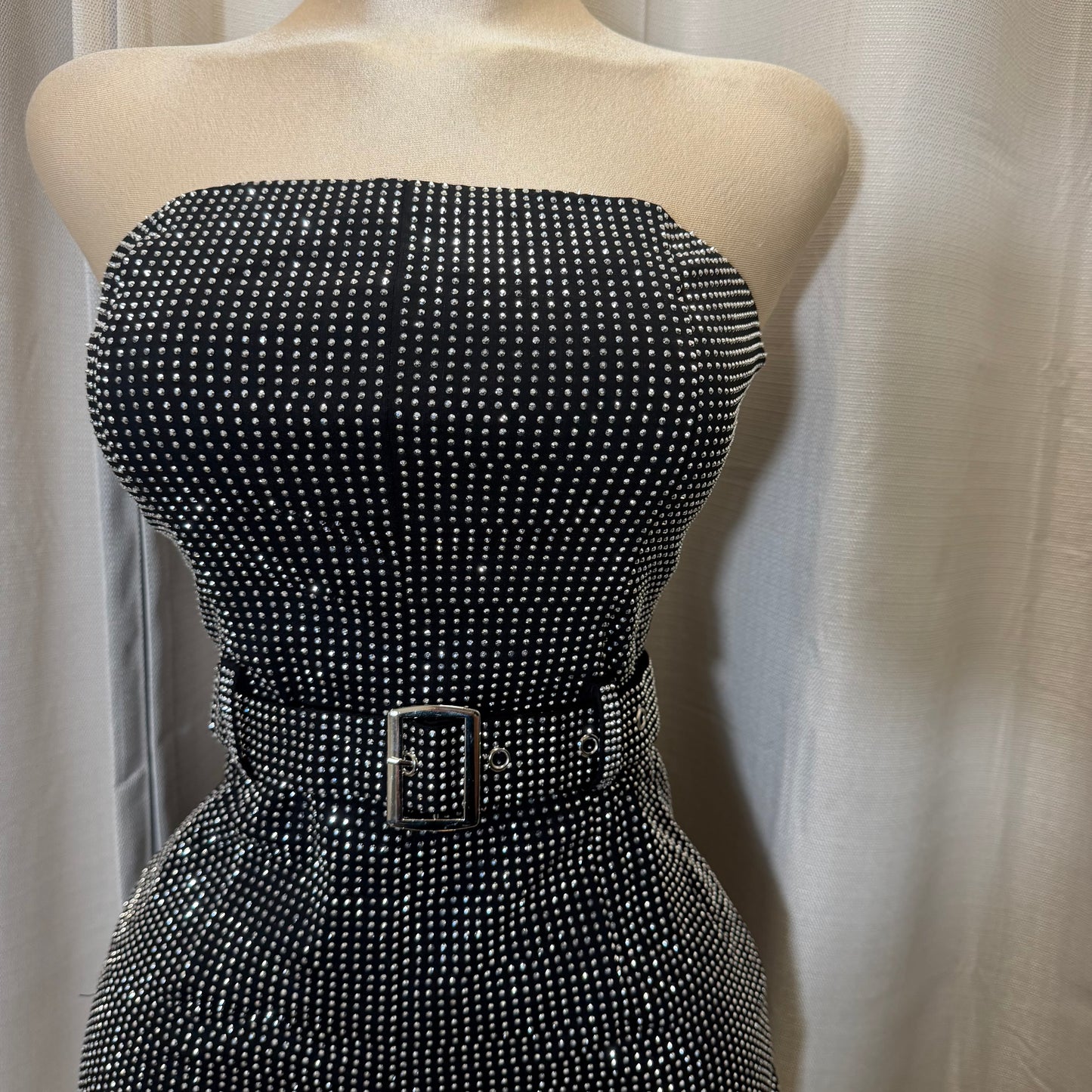 Strapless Rhinestone Romper with Belt-Black