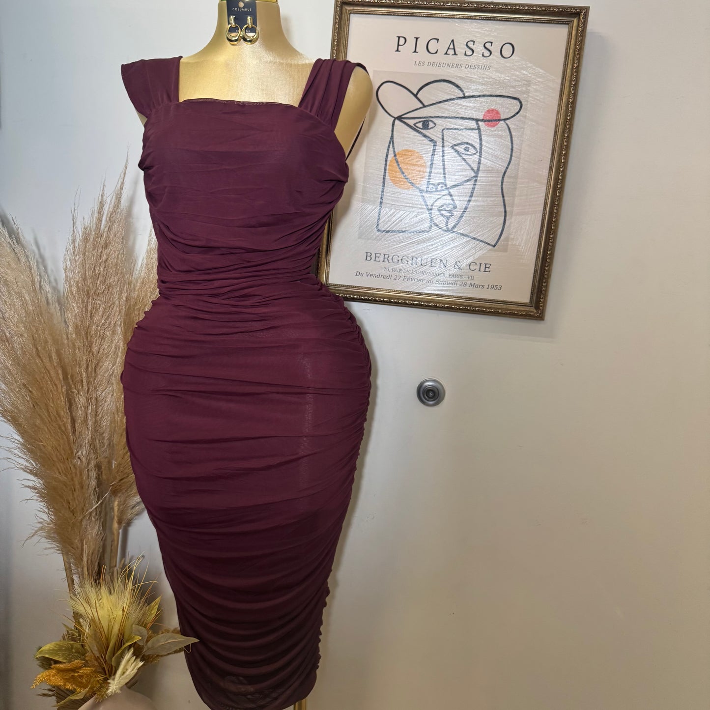 PL Sleeveless Square Neck Ruched Mesh Dress-Burgundy