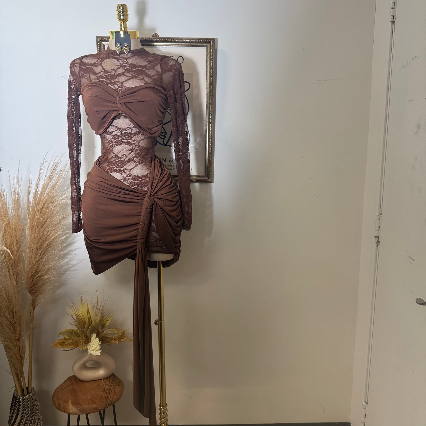 Long sleeve Lace Dress-Brown
