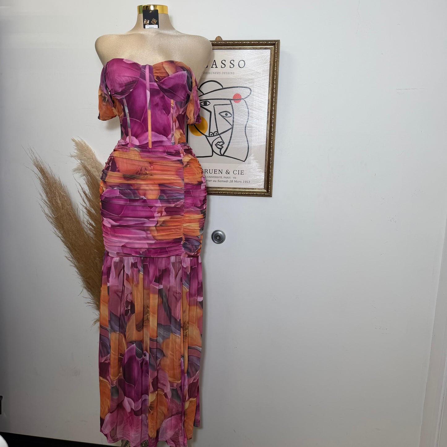Floral Ruched Off Shoulder Maxi Dress with high slit-Mauve/Pink