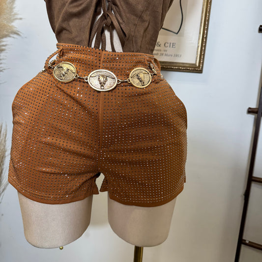 Rhinestone High Waisted shorts-Brown