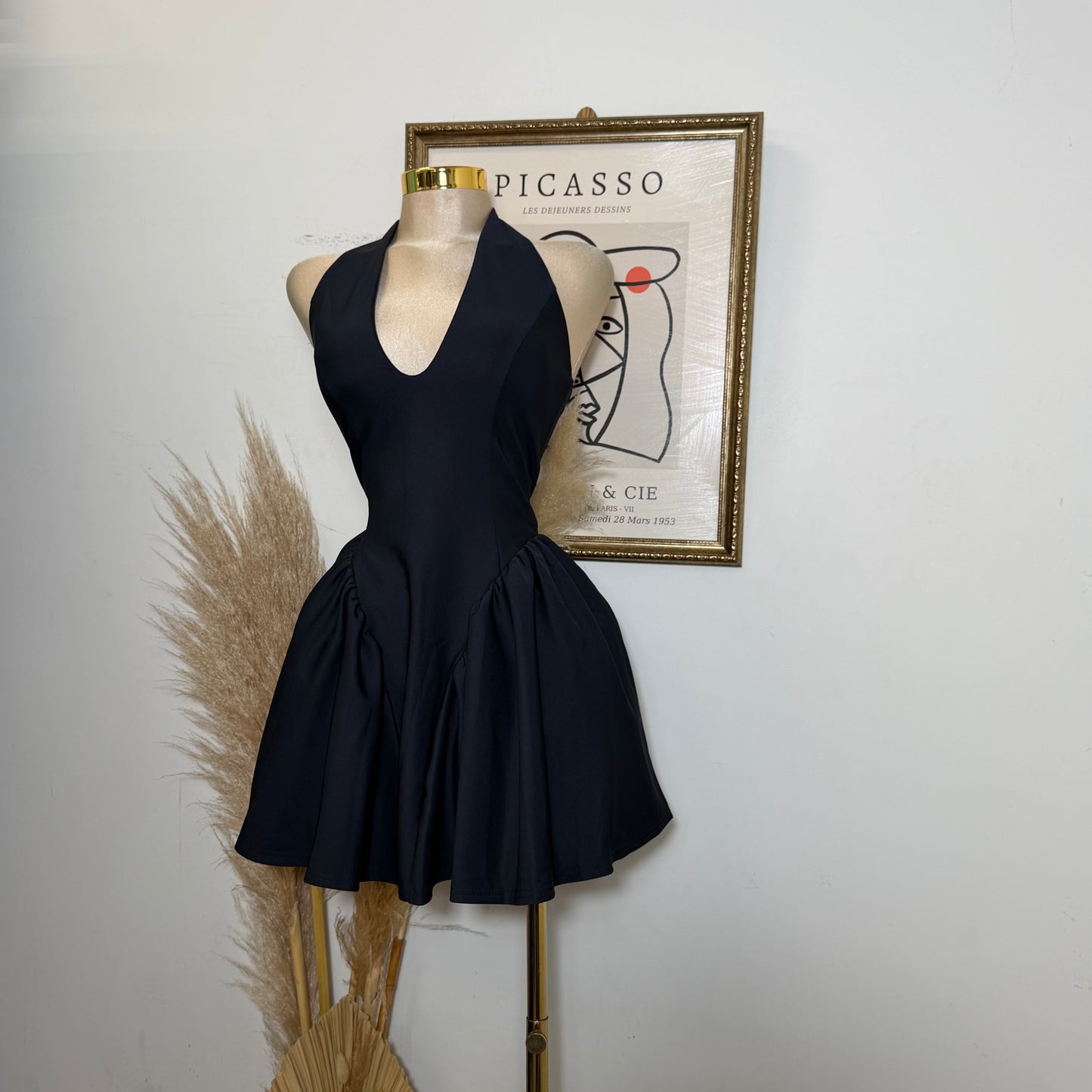 Halter Drop Waist Mini Dress-Navy