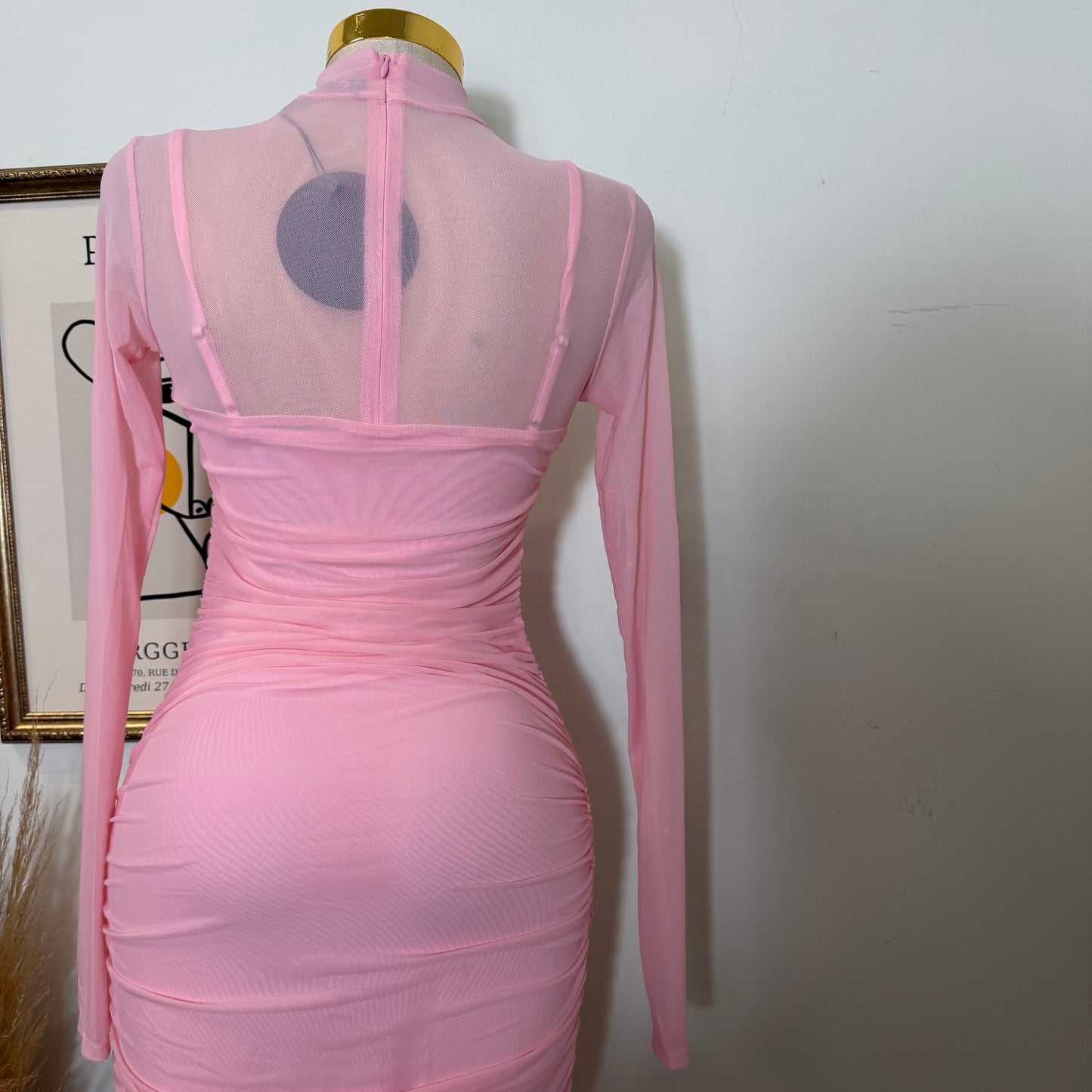 Solid Mesh Mock Neck Midi Long Sleeve Dress-Baby Pink
