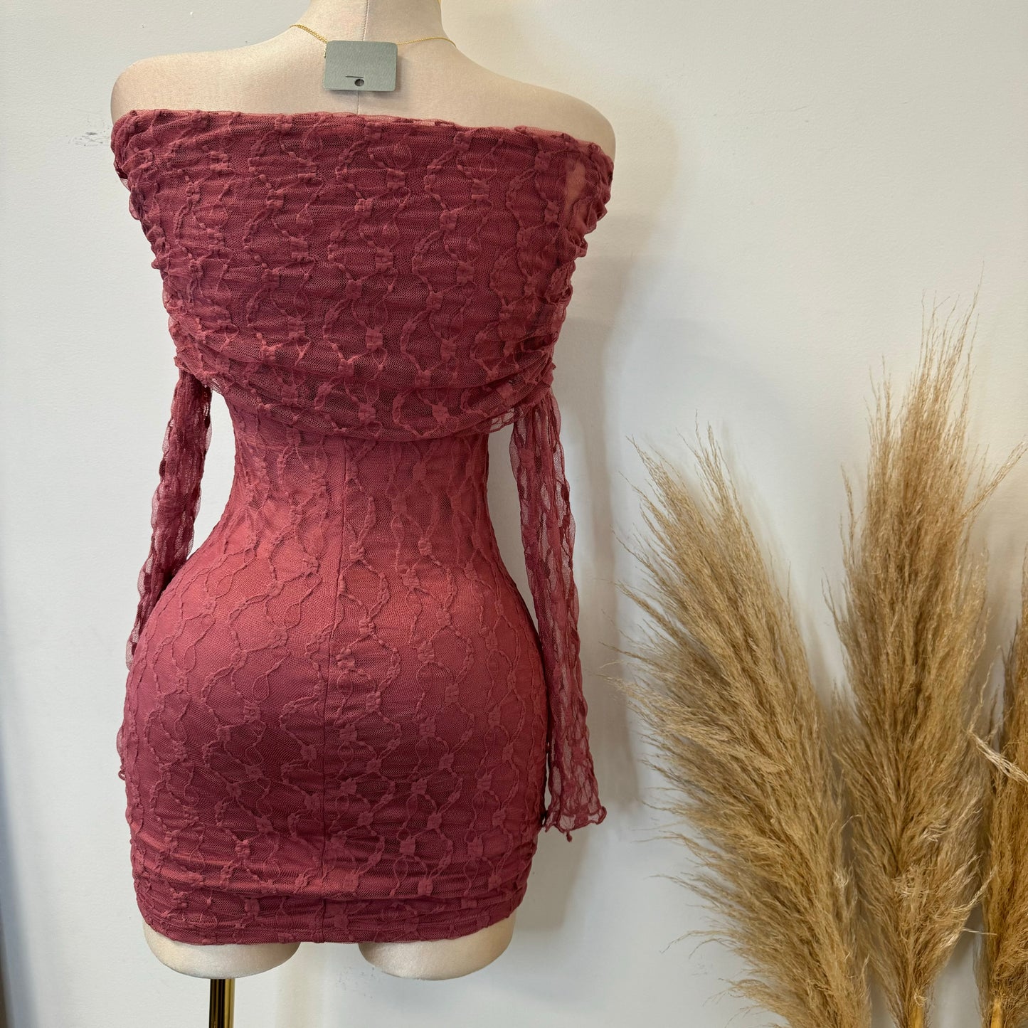 Lace Off shoulder Dress-Pink