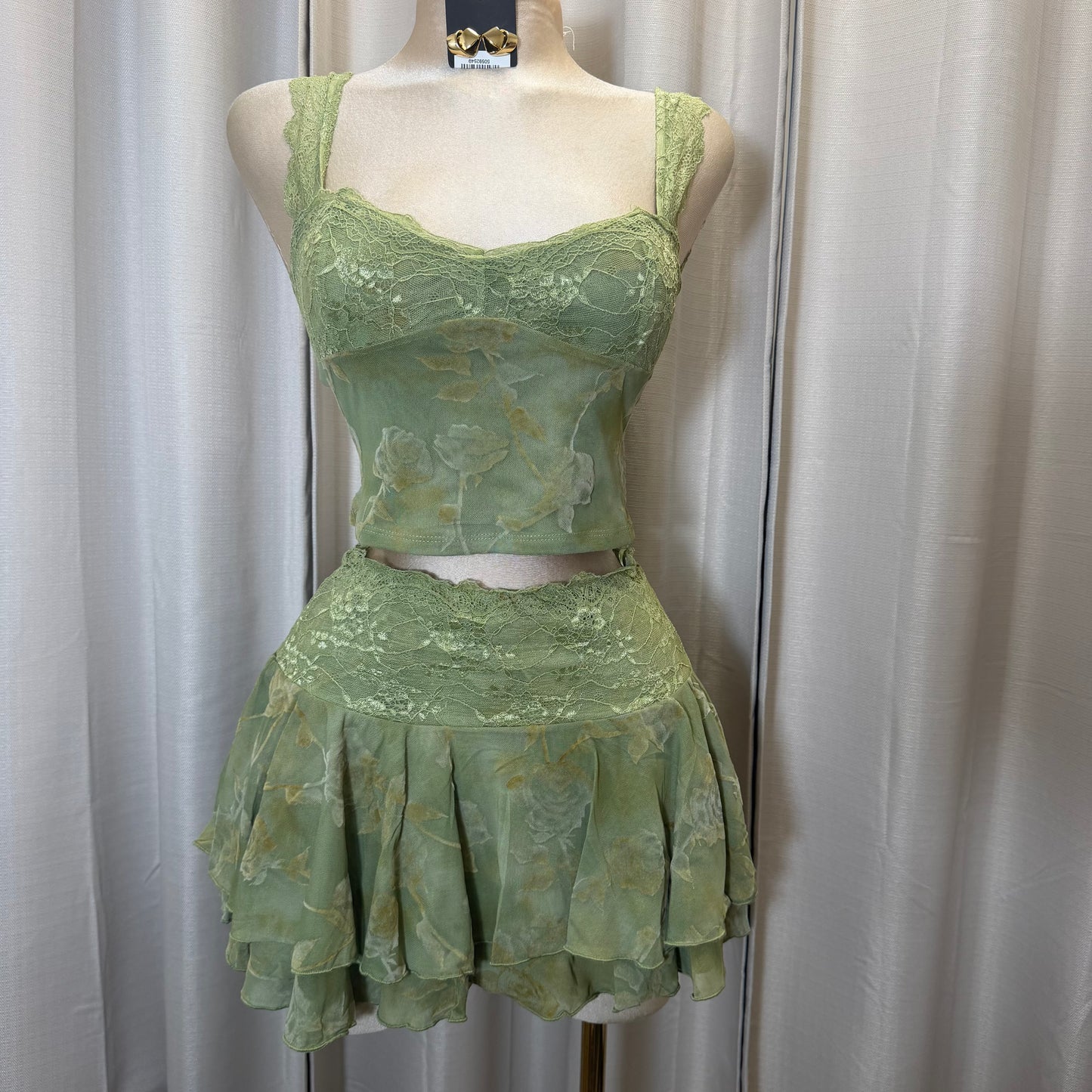 Lace Flower Skirt set-Green moss