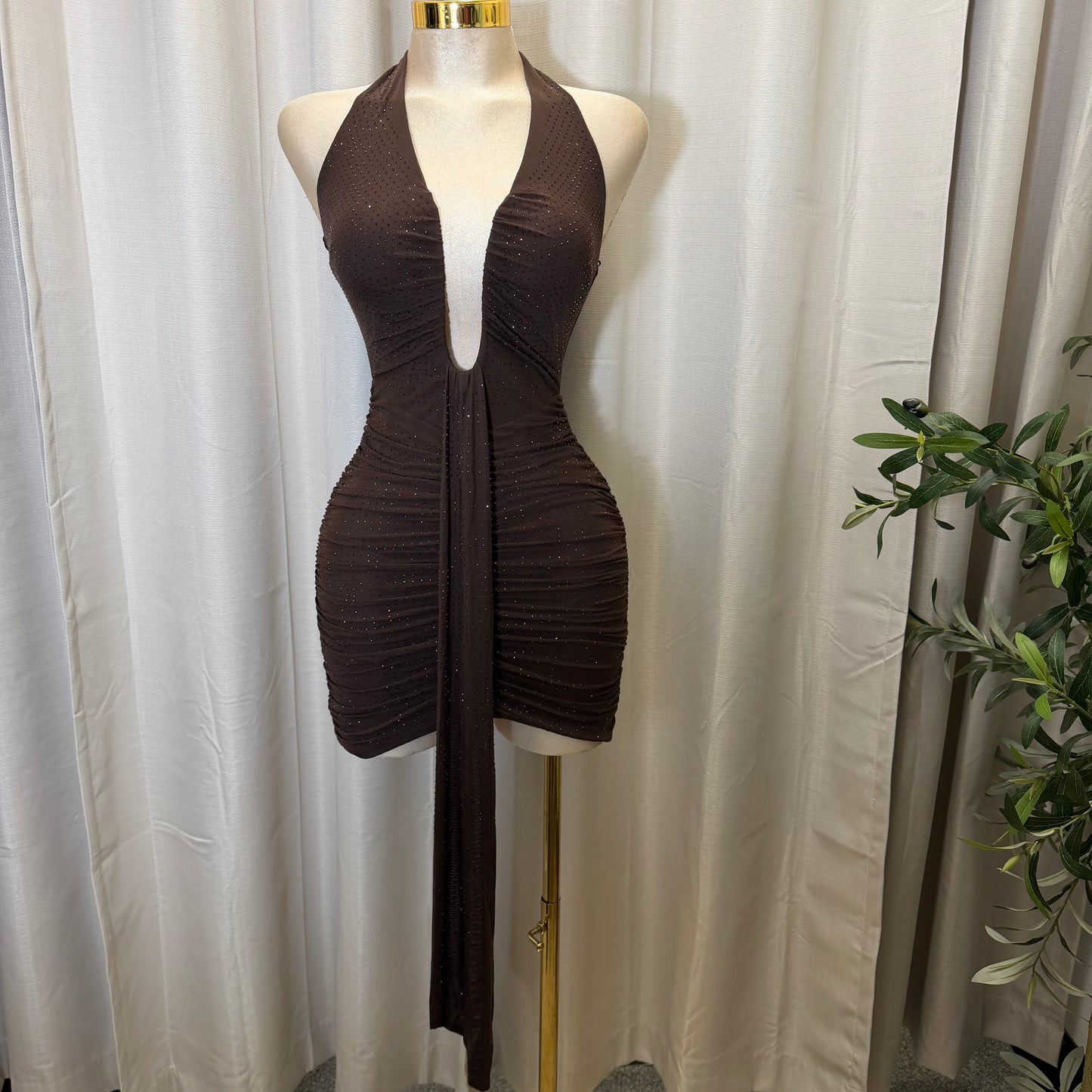 EMBELLISHED MESH COWL NECK MINI DRESS-Brown