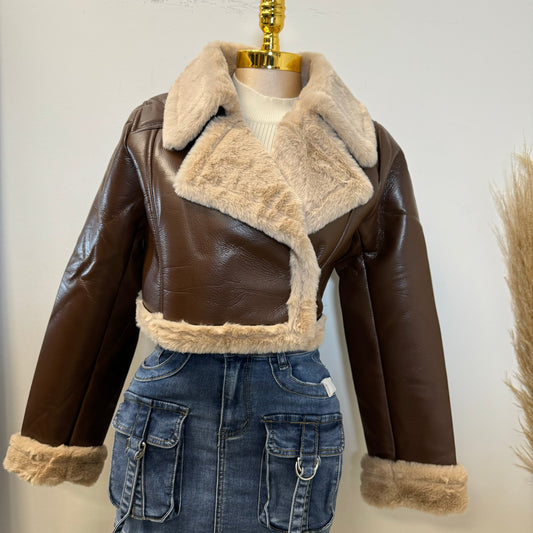 Chicago Cropped Leather Jacket -Brown