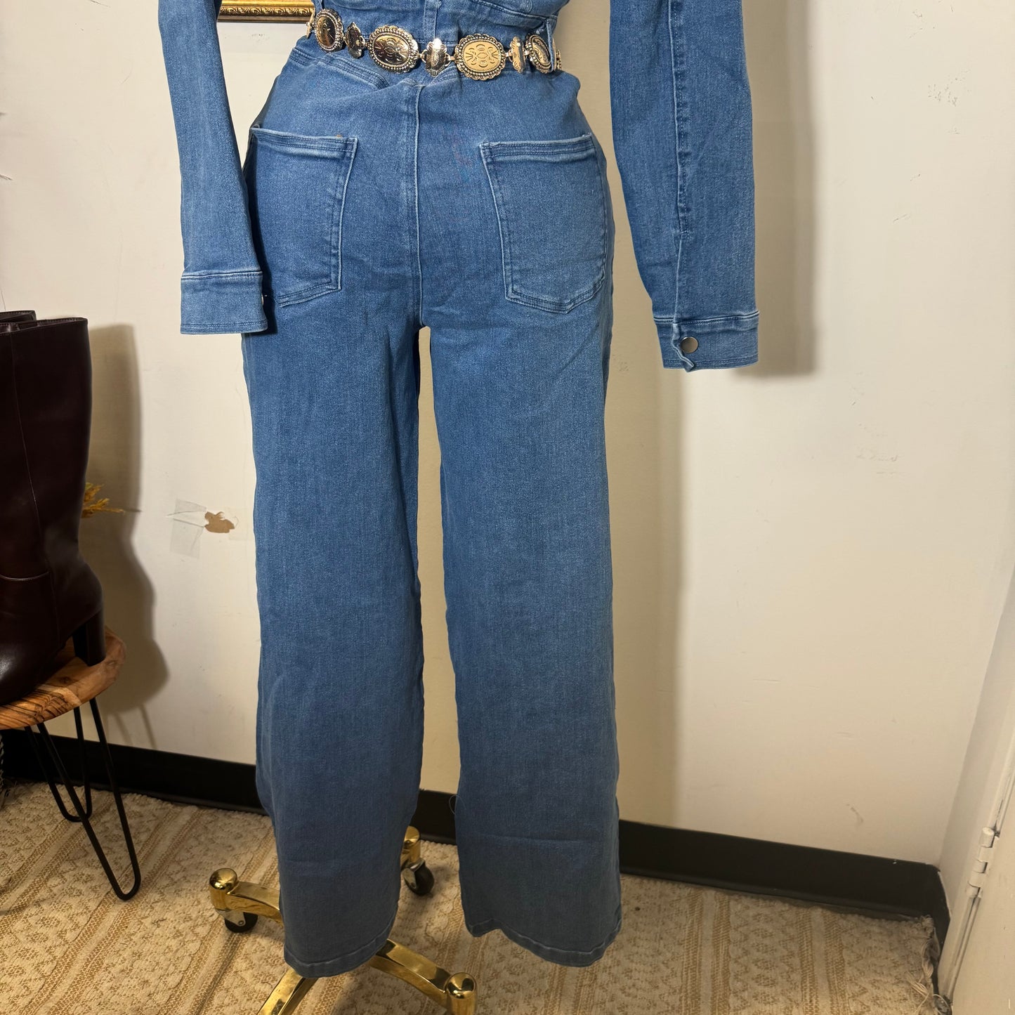 Denim Button Long Sleeve Jumpsuit -Medium Wash