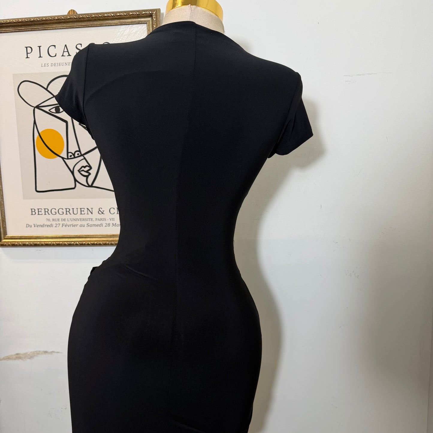 Lace Waist Contrast Midi Dress-Black