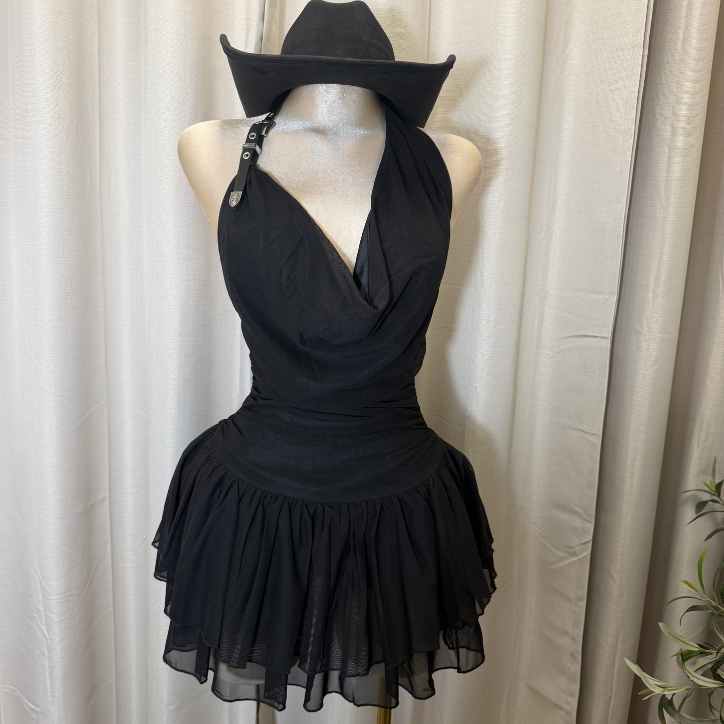 Buckle Halter Ruched Mini Fit and Flare Dress-Black