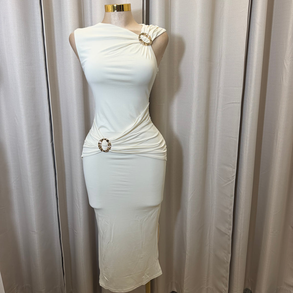 Ring Detail Ruched Midi Dress-Cream/White