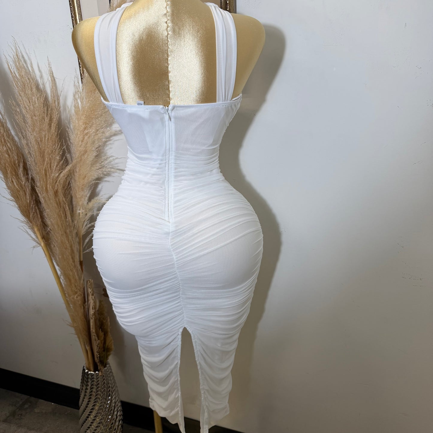 Halter Neck Trim Inset Ruched Bodycon Midi Dress-White