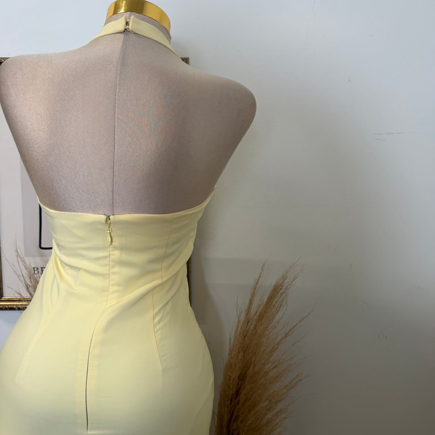Halter Neck Structured Back Slit Maxi Dress-Baby Yellow