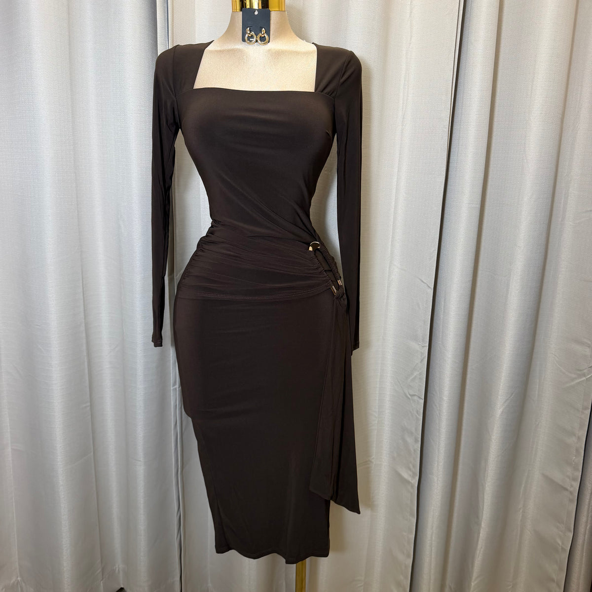 Square Neck Gold Trim Midi Dress-Brown