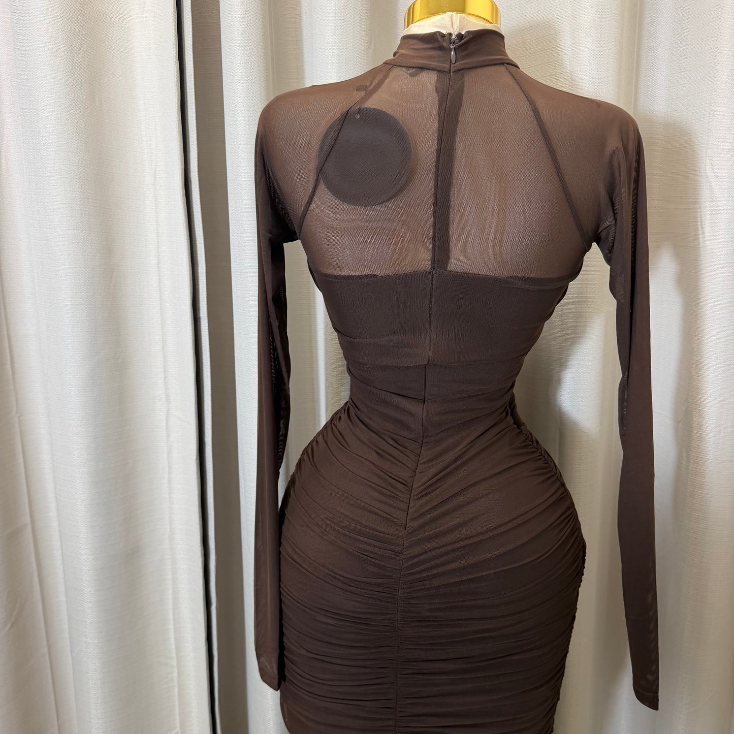 Long sleeve Mesh  Dress-Brown