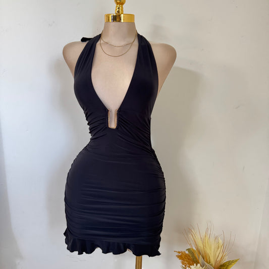 Sleeveless Halter Mini Dress-Black