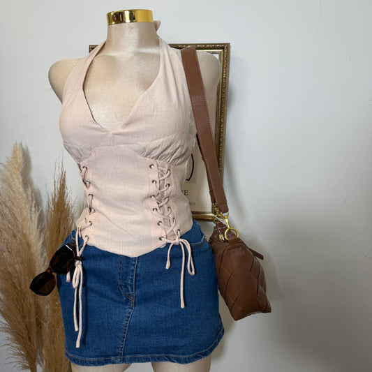 Halter Neck Crop Top-Beige