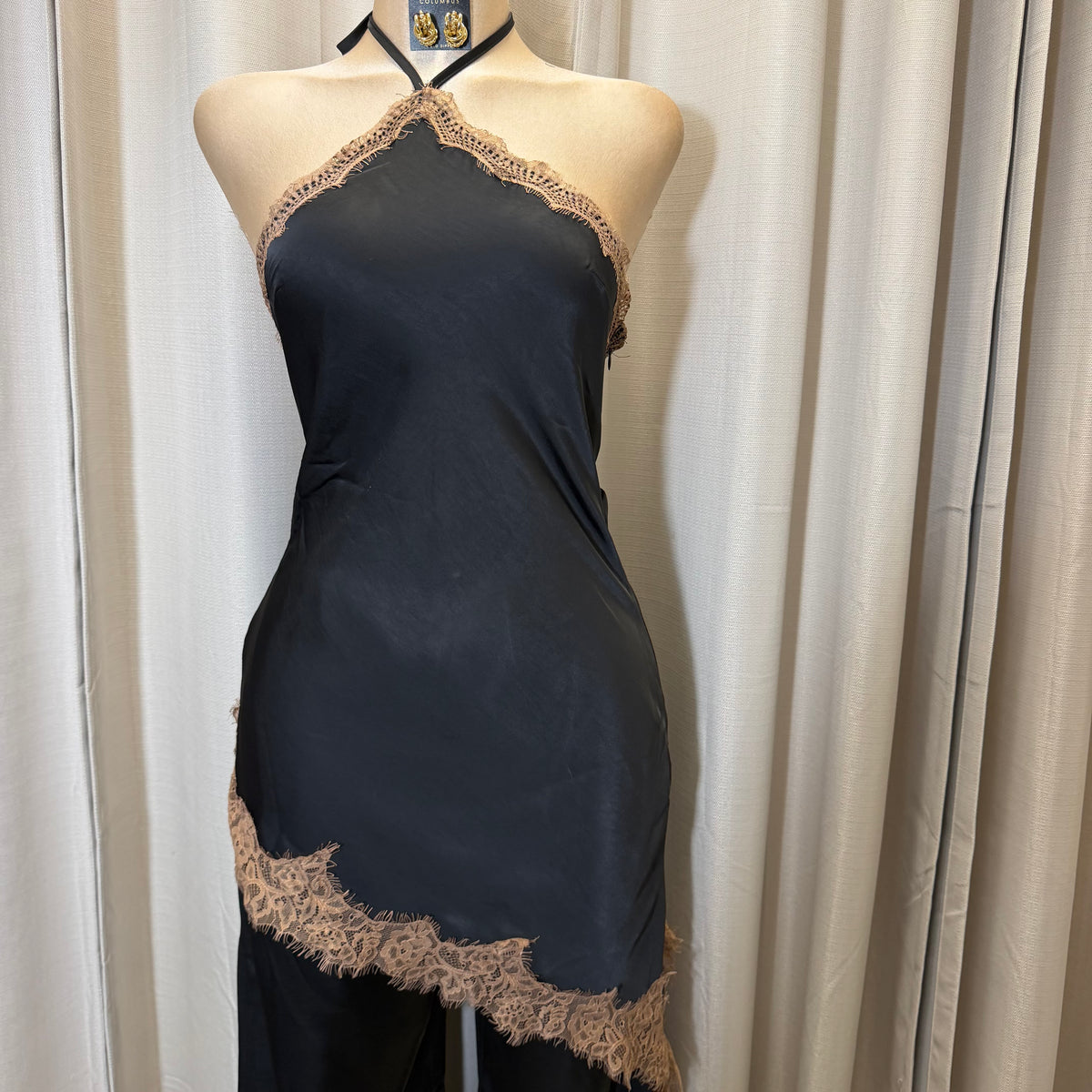 Contrast Lace Trim Satin Halter Jumpsuit-Black/brown