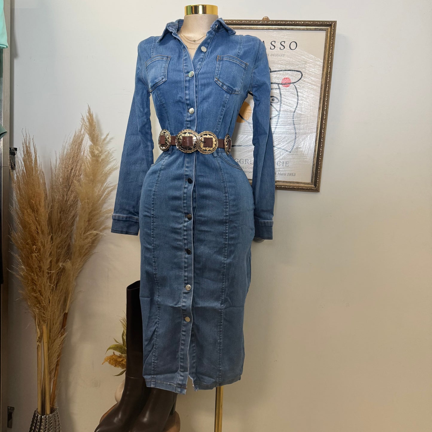 Denim Button Long Dress-Medium Wash