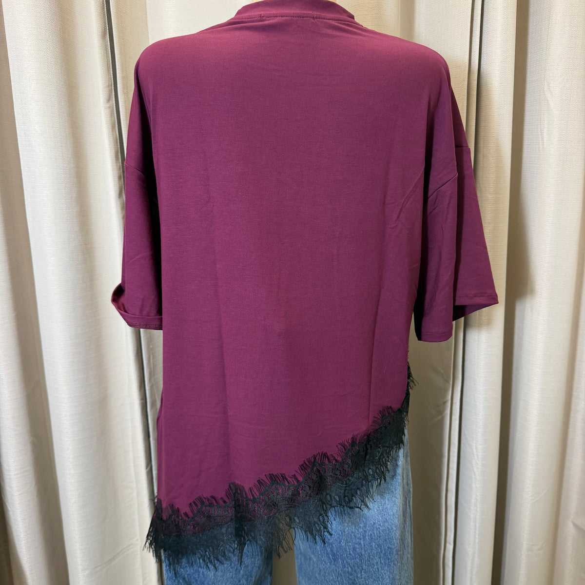 Short sleeve Lace Detail Oversize  Top-Plum with Black