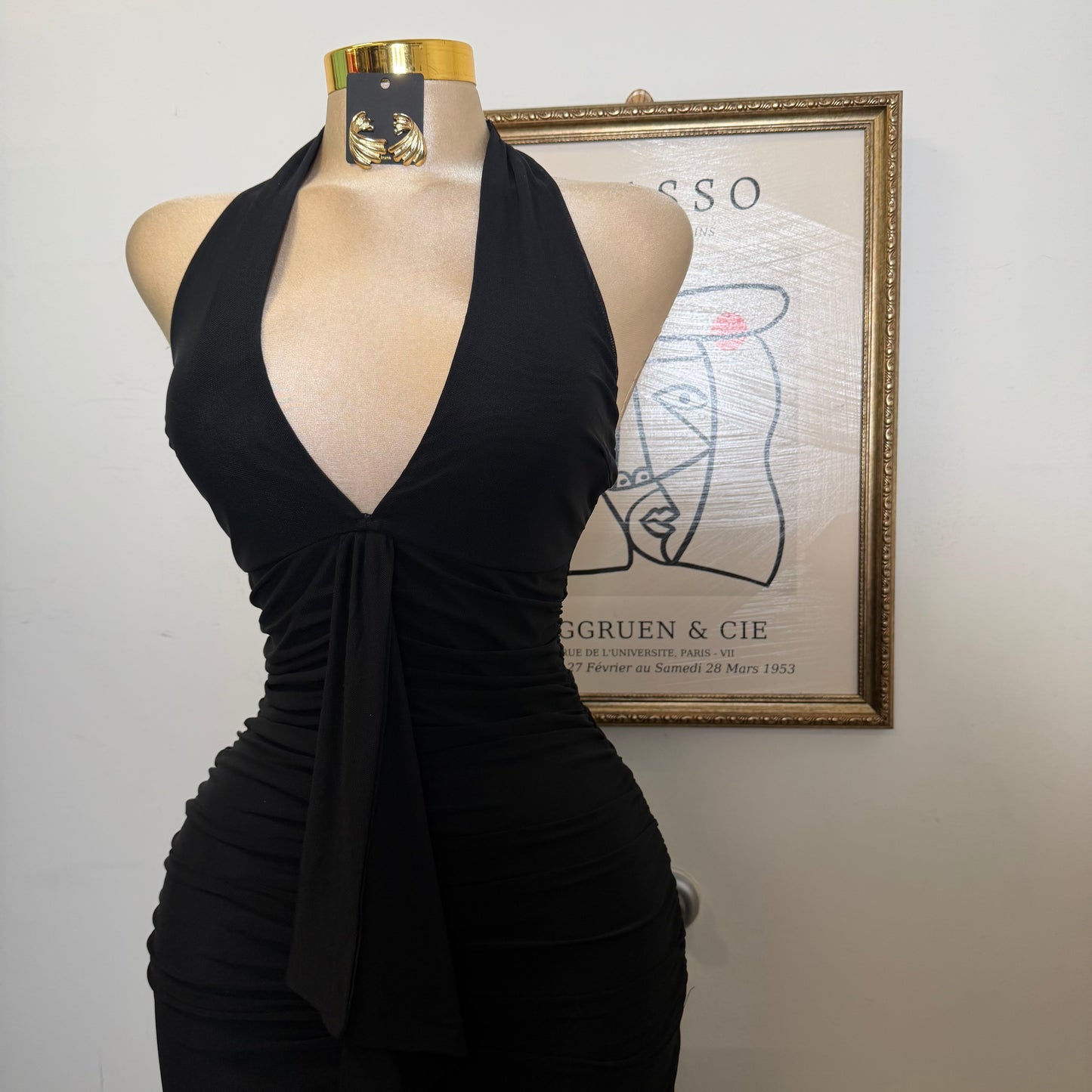 Mesh Midi Dress W/ a Front Sash-Black