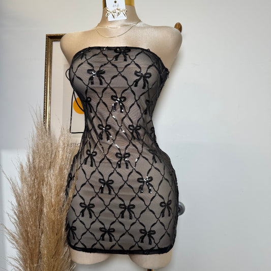 Bow Sequins Dress-Black