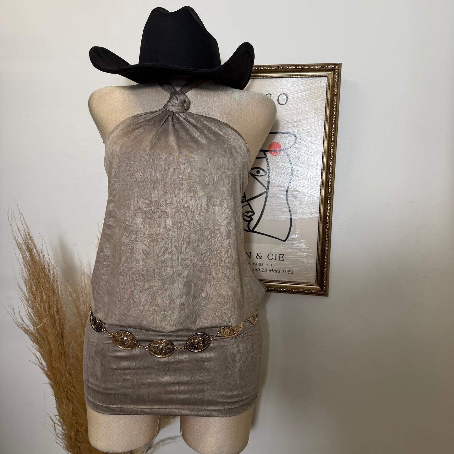 Knot Halter Blouson Bodycon Mini Dress-Mud