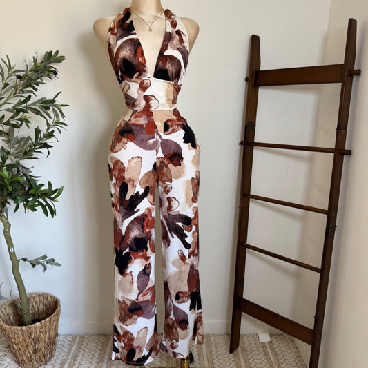 Halter Jumpsuit-Burgundy/Brown