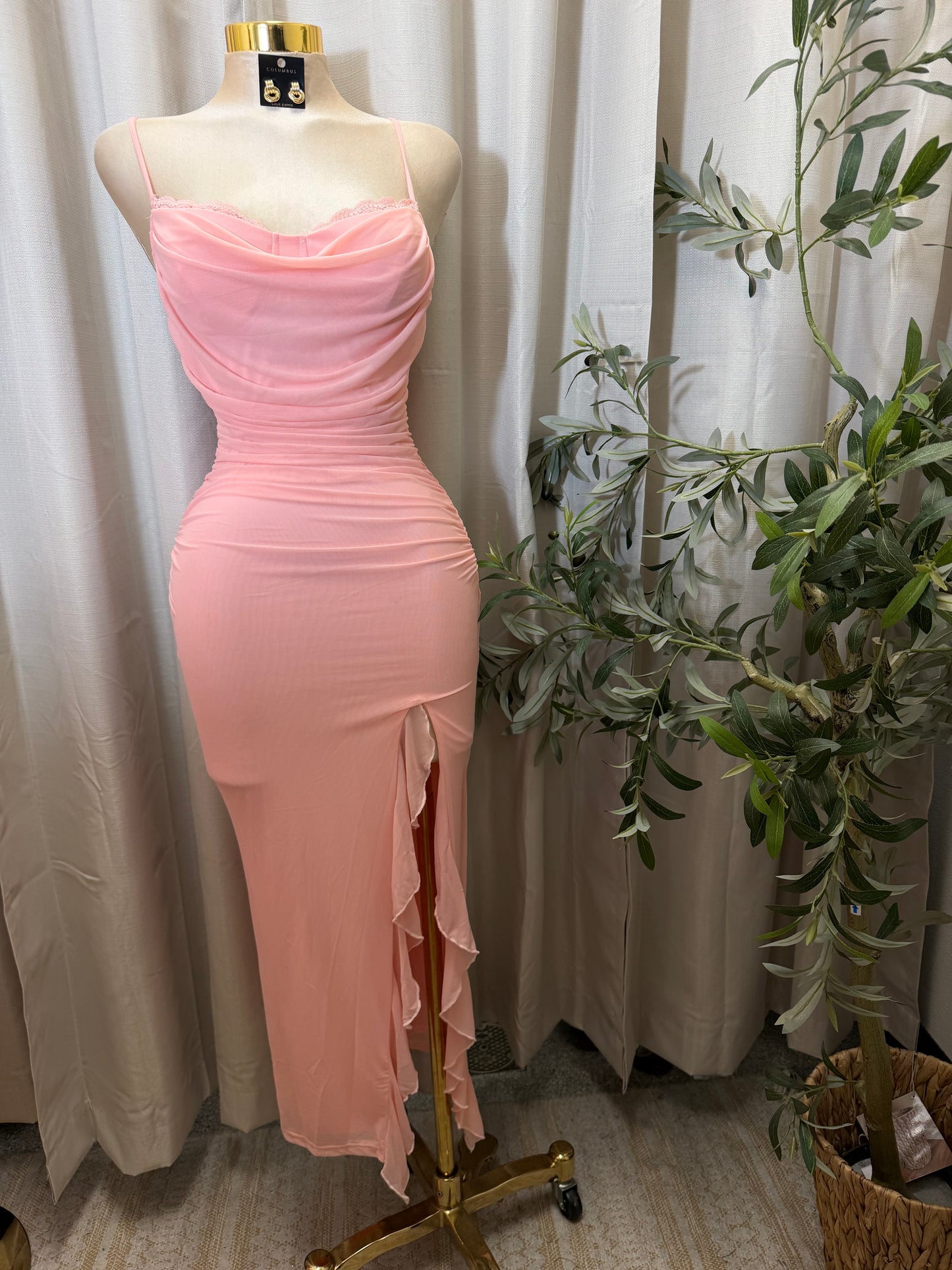 Mesh draped Slit Midi Dress-Baby pink