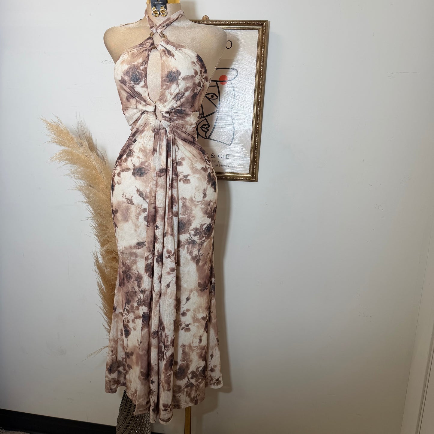 HalterNeck Print Midi Dress-Brown Floral