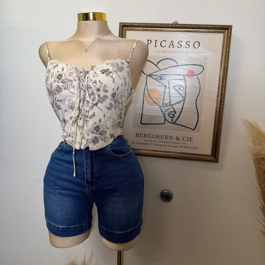 Lace Trim Neck Smocked Back Floral Corset Crop Top-Beige/Brown
