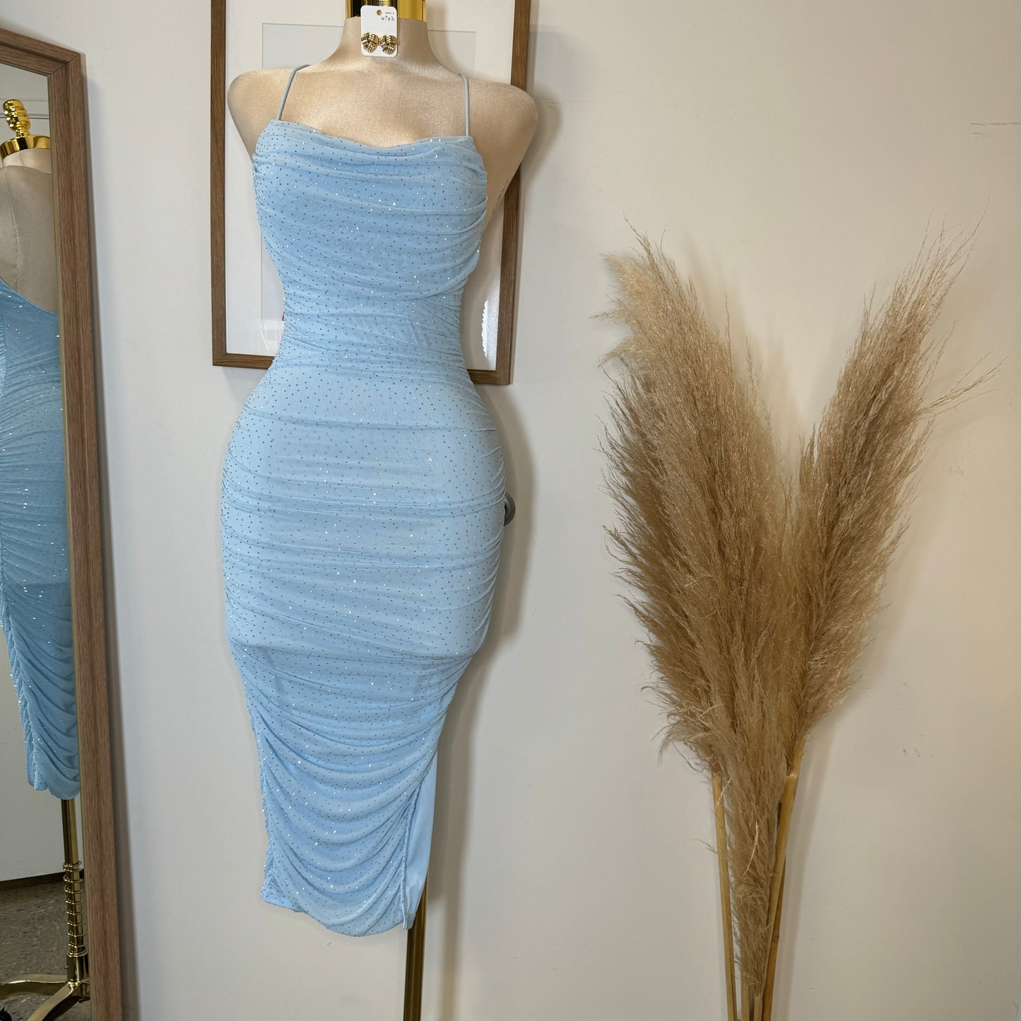 Cielo Rhinestone Midi Dress-Blue