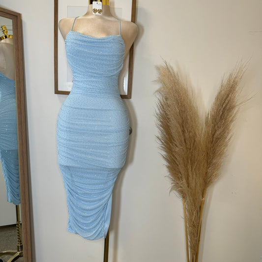 Cielo Rhinestone Midi Dress-Blue