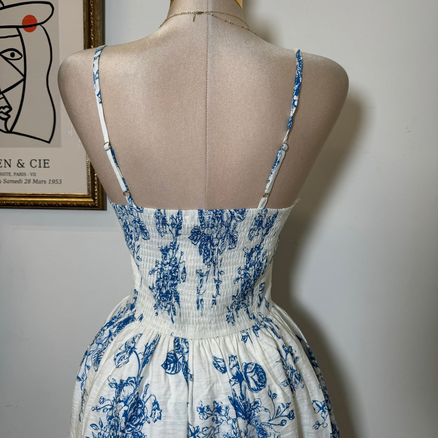 Tropical Smocked Mini Dress-White/Blue