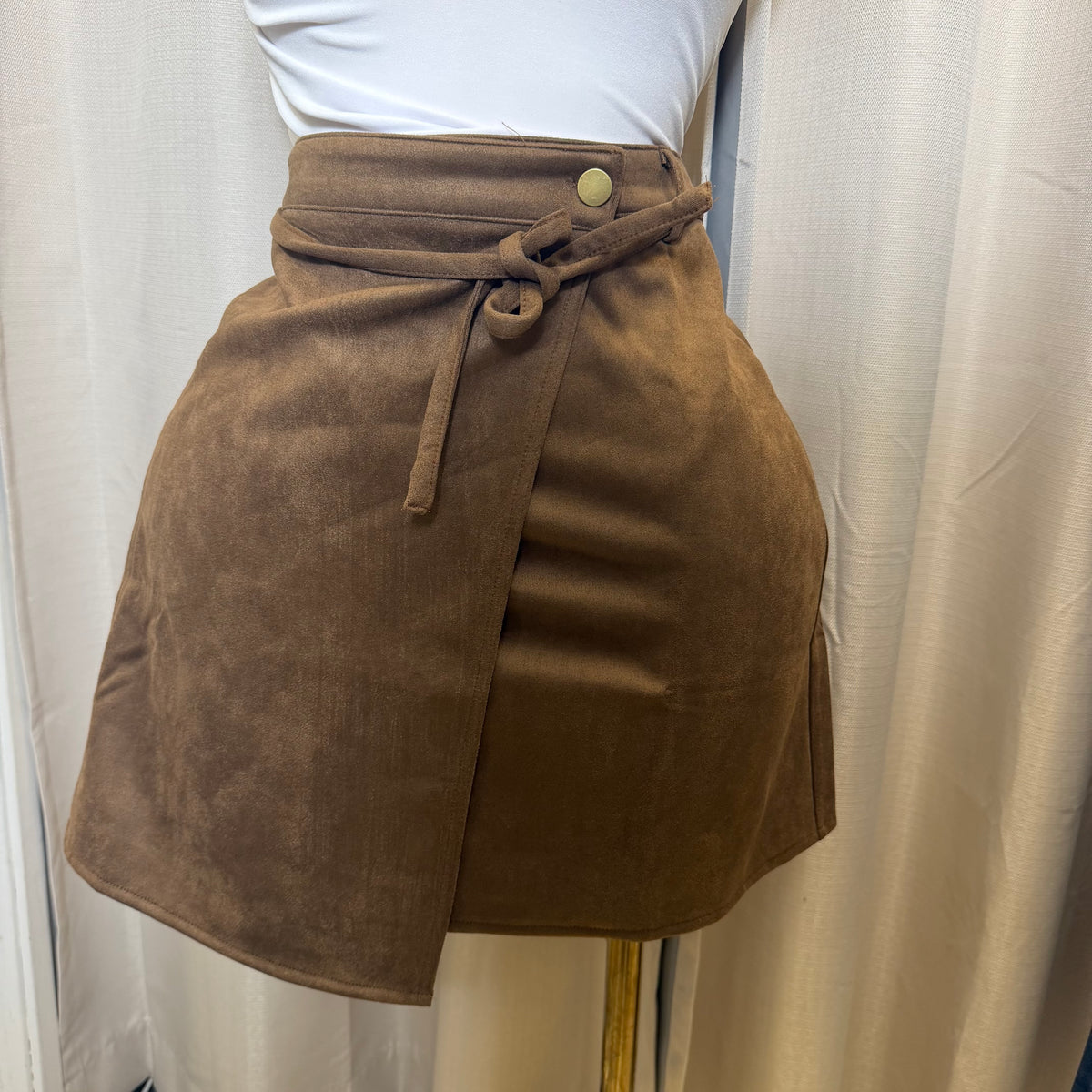 PL-Suede Skirt with wrap belt-Brown