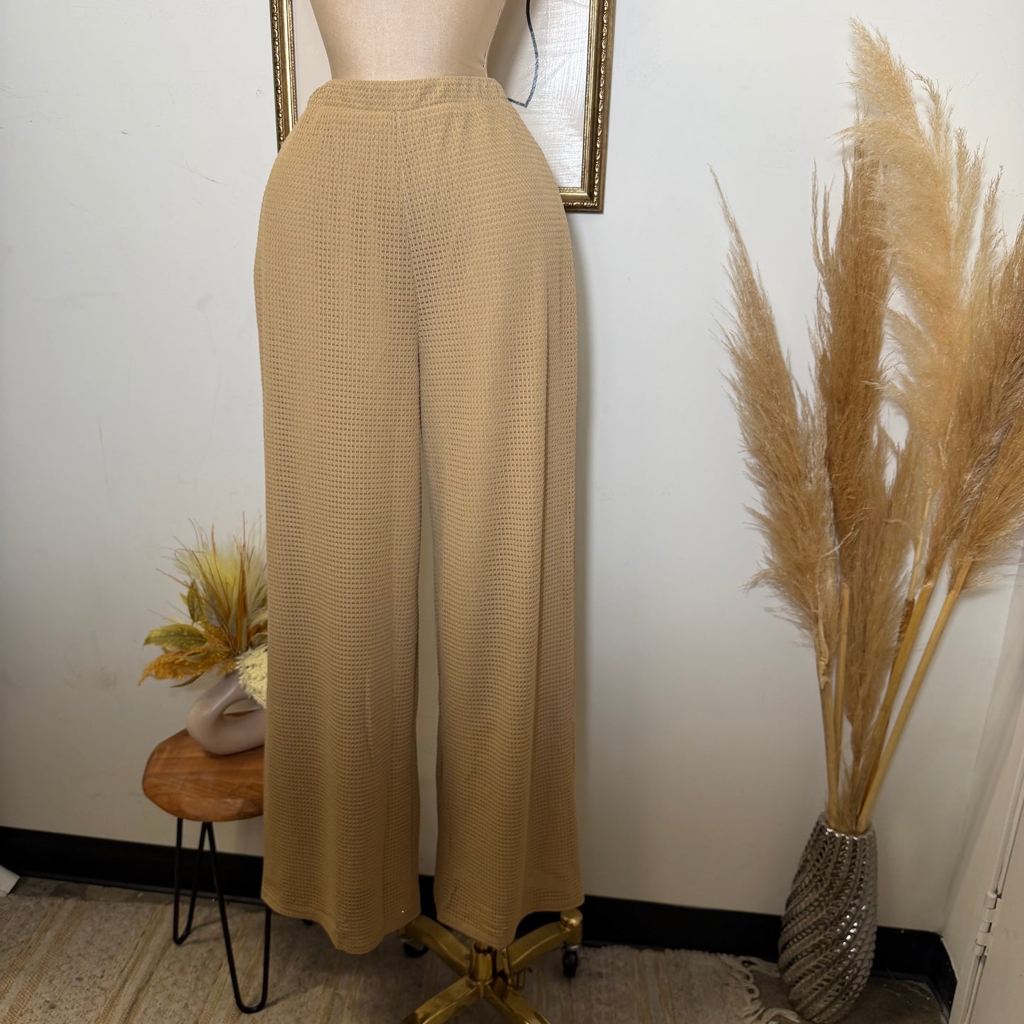 Waffle Knit Seashell Trim Top Wide leg Pant Set-Taupe