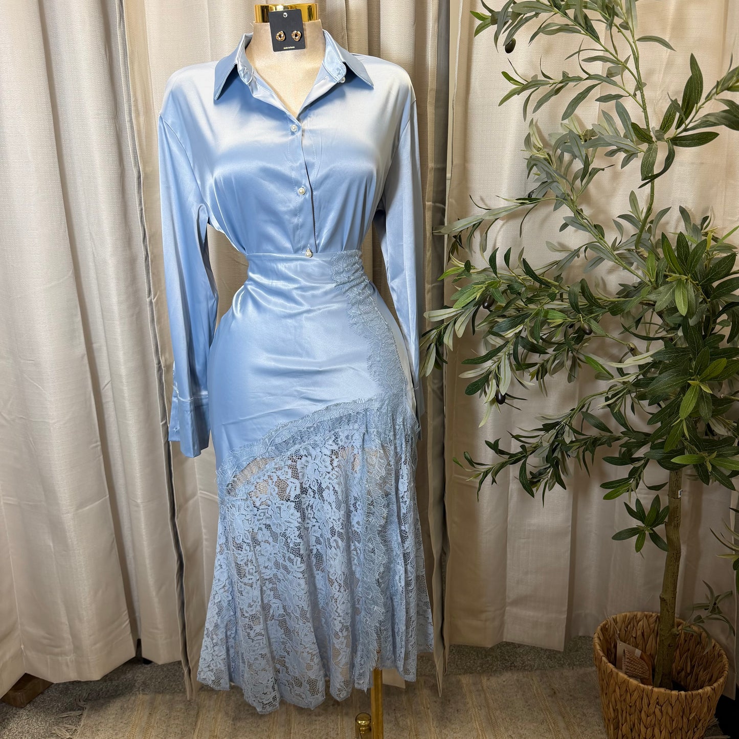 Satin Long Sleeve Top with Lace Skirt-Blue