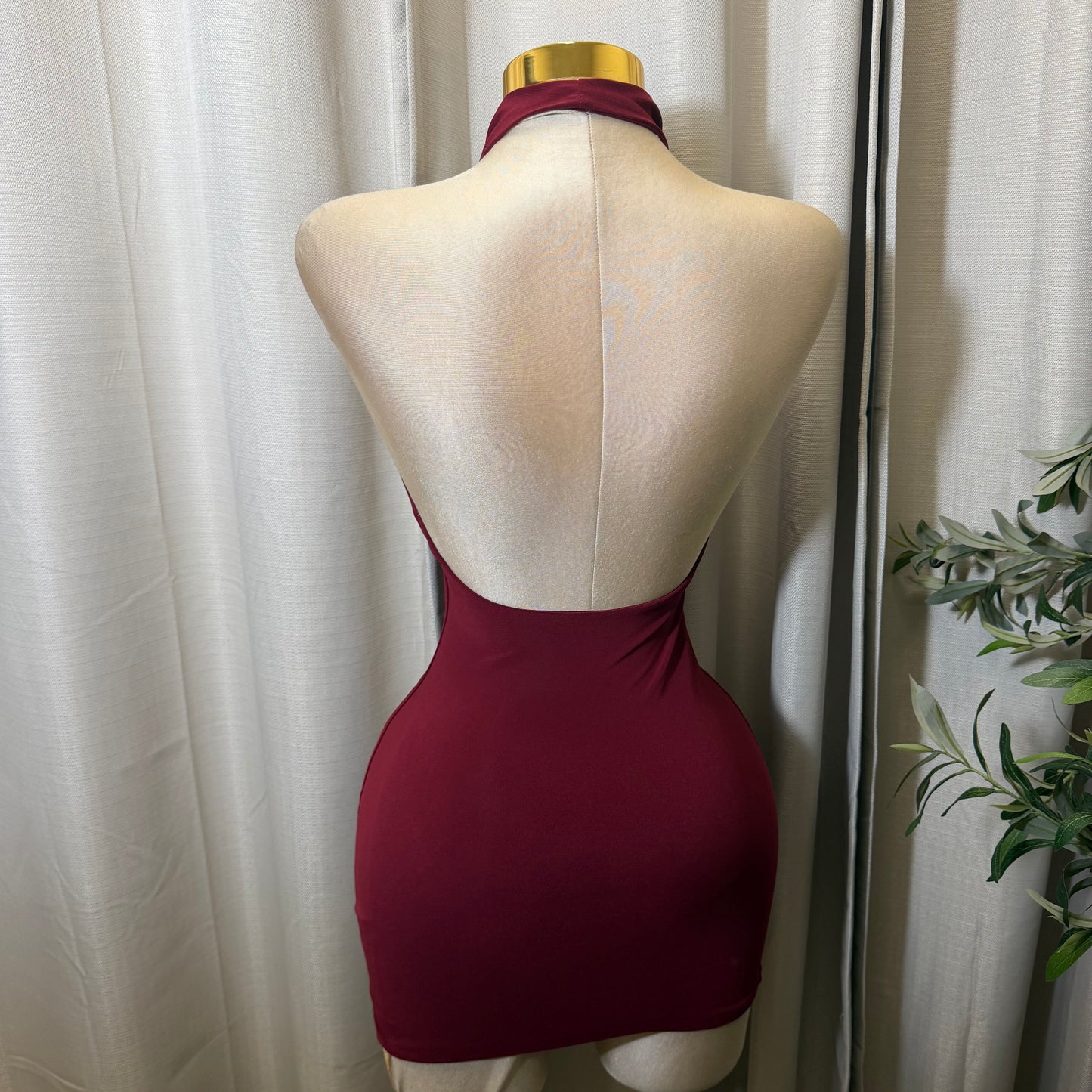 Sleeveless Halter Cowl Neckline Mini Dress-Burgundy
