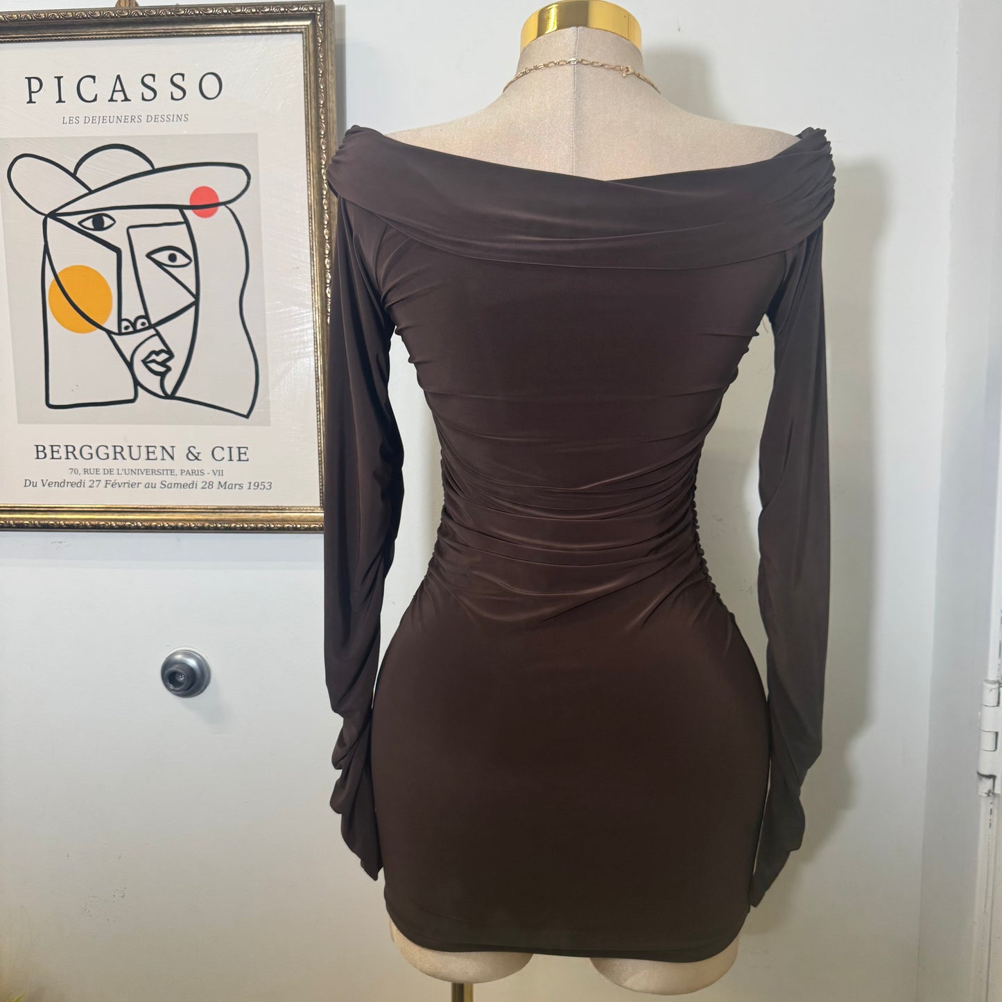 Long Sleeve Off Shoulder Ruched Mini Dress-Brown