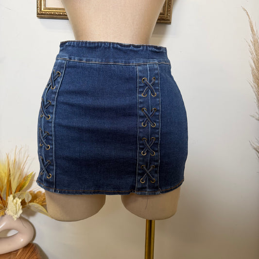 Washed Denim Lace Up Mini Skirt-Denim